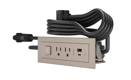 6 ft. Cord 15 Amp 2-Outlet, Switch and 2 Type A/C USB radiant Recessed Furniture Power Strip in Nickel - 91005774643