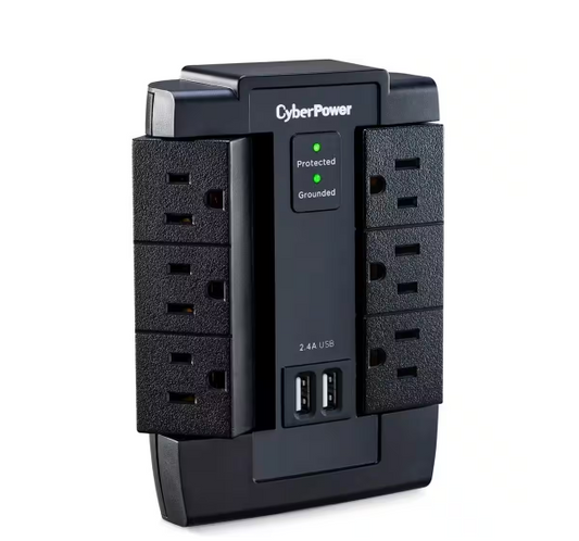 6-Outlets Power Surge Protector, with 1200J/125-Volt and 2 USB Charging Ports, Wall Tap in Black - 91012166236