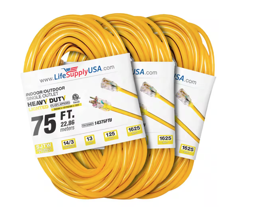 75 ft. 14-Gauge/3-Conductors SJTW 13 Amp Indoor/Outdoor Extension Cord with Lighted End Yellow (3-Pack) - 91012243136