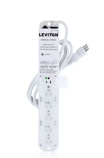 15 Amp Medical Grade 6-Outlet Power Strip with Locking Covers and 7 Foot Cord with Right Angle, White