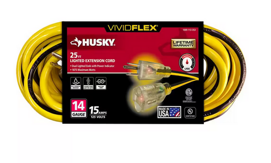 VividFlex 25 ft. 14/3 Heavy Duty Indoor/Outdoor Extension Cord with Lighted End, Yellow - 91009113353