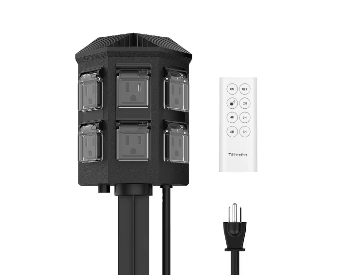 6-Outlets Grounded Outdoor Power Stake Timer with 100 ft. Range Remote Control& 6 ft. Extension Cord Waterproof in Black - 91012223289