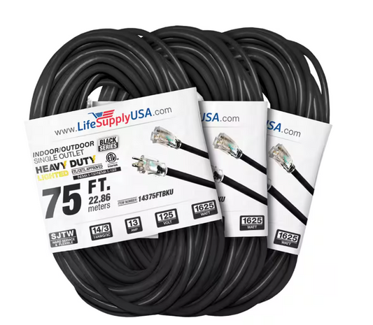 75 ft. 14-Gauge/3-Conductors SJTW 13 Amp Indoor/Outdoor Extension Cord with Lighted End Black (3-Pack) - 91012243826