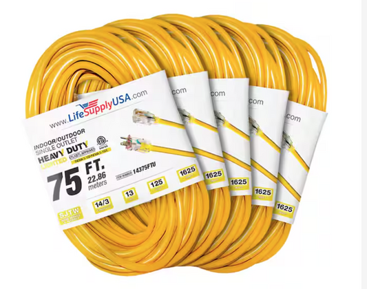 75 ft. 14-Gauge/3-Conductors SJTW 13 Amp Indoor/Outdoor Extension Cord with Lighted End Yellow (5-Pack) - 91012243734