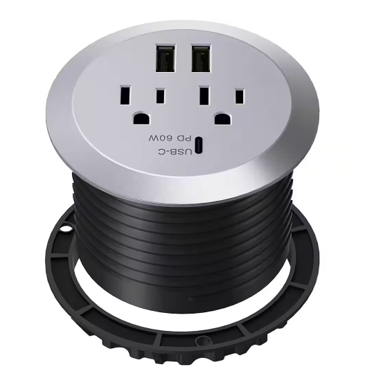 12- Amp 2-Outlets Desktop Grommet, 60-Watt Power Delivery Type C Port, 3-USB Charging Ports, Silver - 91009964509