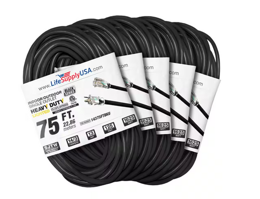 75 ft. 14-Gauge/3-Conductors SJTW 13 Amp Indoor/Outdoor Extension Cord with Lighted End Black (5-Pack) - 91012243398