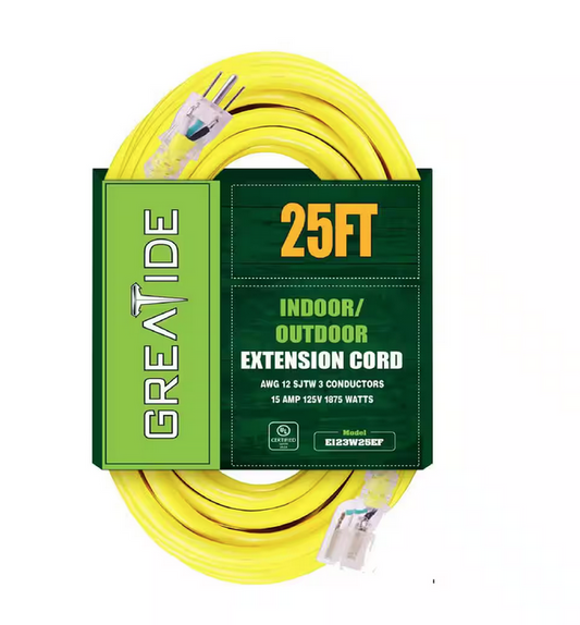 25 ft. 12/3 Heavy Duty Outdoor Extension Cord with 3 Prong Grounded Plug-15 Amps Power Cord Yellow - 91010997091