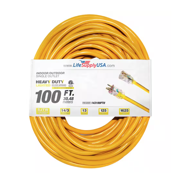 100 ft. 14-Gauge/3 Conductors SJTW 13 Amp Indoor/Outdoor Extension Cord with Lighted End Yellow (1-Pack) - 91011843064