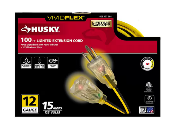 VividFlex 100 ft. 12/3 Heavy Duty Indoor/Outdoor Extension Cord with Lighted End, Yellow - 91009127984