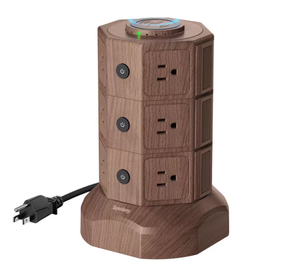 12-Outlet Power Strip Surge Protector Tower with 6 USB Ports and Wireless Manetic Charger in Deep Brown - 91011701743