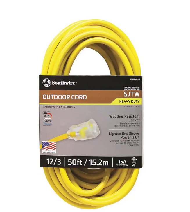 50 ft. 12/3 SJTW Hi-Visibility Outdoor Heavy-Duty Extension Cord with Power Light Plug - 91002751848