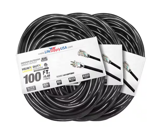 100 ft. 14-Gauge/3-Conductors SJTW 13 Amp Indoor/Outdoor Extension Cord with Lighted End Black (3-Pack) - 91012243827