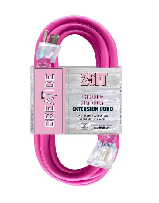 25 ft. 12/3 Heavy Duty Outdoor Extension Cord with 3 Prong Grounded Plug-15 Amps Power Cord Pink - 91010997088