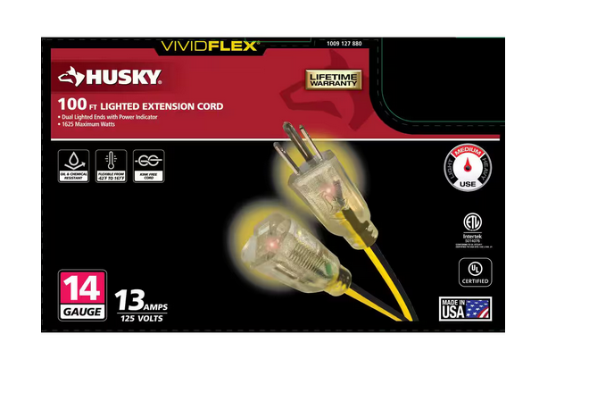 VividFlex 100 ft. 14/3 Heavy Duty Indoor/Outdoor Extension Cord with Lighted End, Yellow - 91009127880