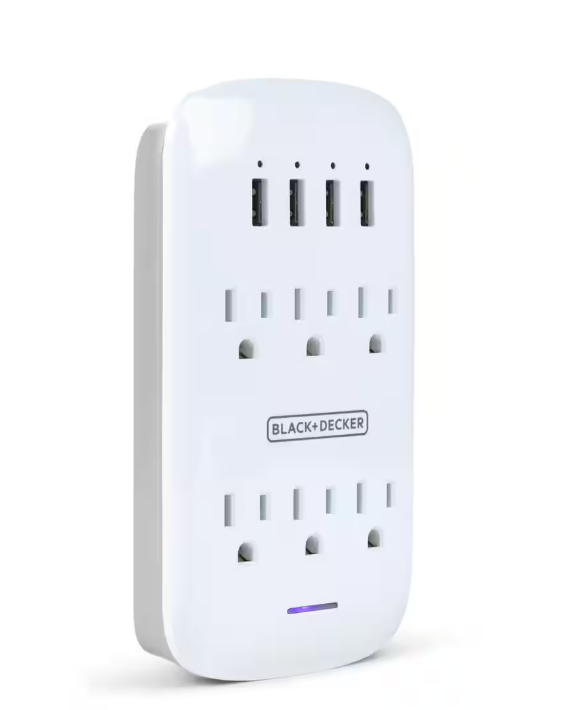 White 6 Grounded Outlets Surge Protector Wall Mount with 4 USB Charging Ports - 91006561543