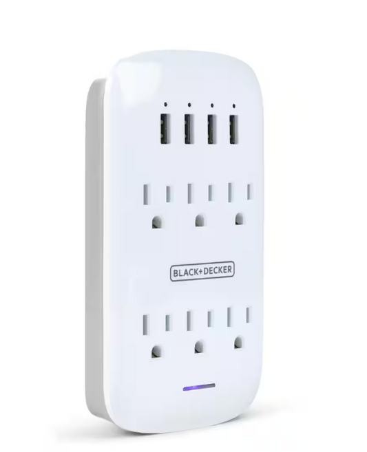 White 6 Grounded Outlets Surge Protector Wall Mount with 4 USB Charging Ports - 91006561543