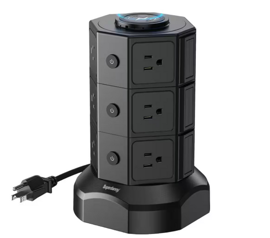 12-Outlet Power Strip Surge Protector Tower with 6 USB Ports and Wireless Manetic Charger in Black - 91011701744