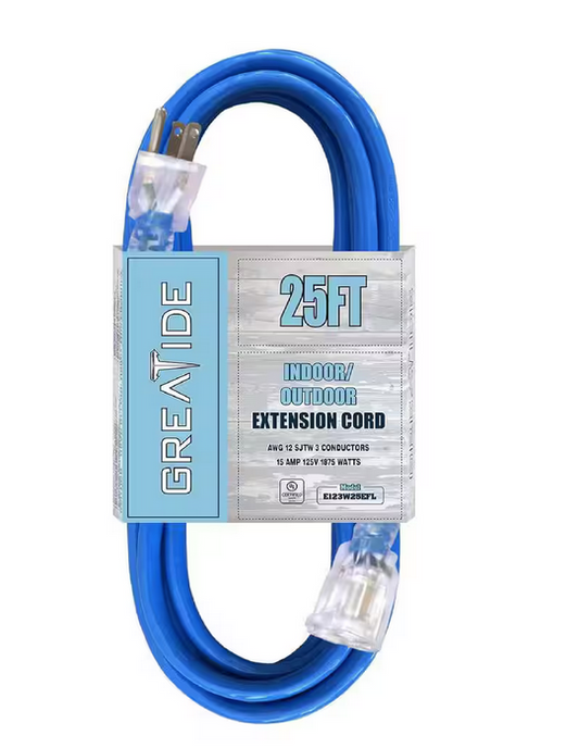 25 ft. 12/3 Heavy Duty Outdoor Extension Cord with 3 Prong Grounded Plug-15 Amps Power Cord Blue - 91010997084