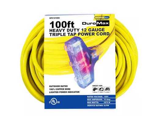100 ft. 12 Gauge Portable Generator Triple Tap Extension Power Cord - 91002671886