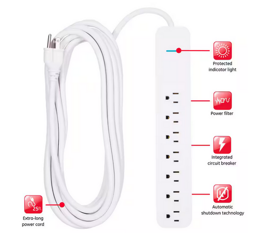 25 ft. 16/3 7-Outlet 1080J Surge Protector Power Strip Extension Cord, White - 91003578175