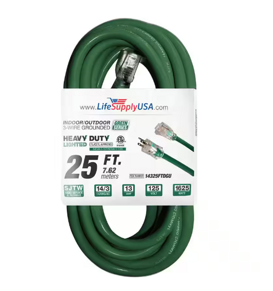 25 ft. 14-Gauge/3 Conductors SJTW 15 Amp Indoor/Outdoor Extension Cord with Lighted End Green (1-Pack) - 91011843056