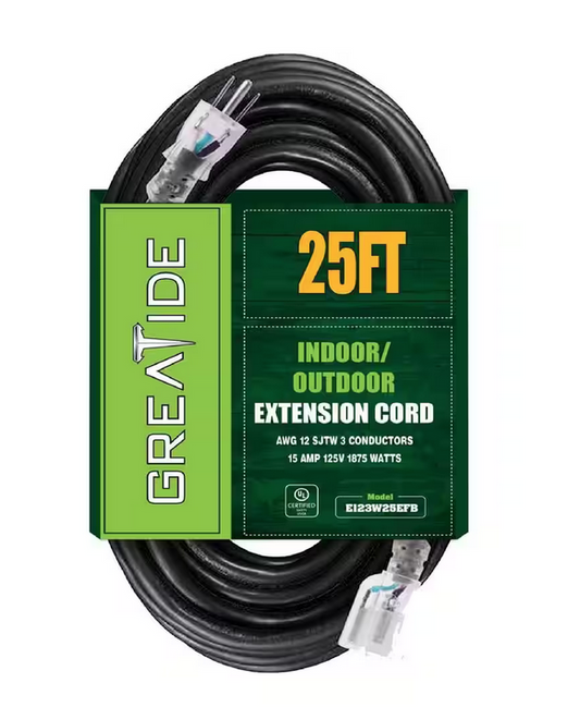 25 ft. 12/3 Heavy Duty Outdoor Extension Cord with 3 Prong Grounded Plug-15 Amps Power Cord Black - 91010997081