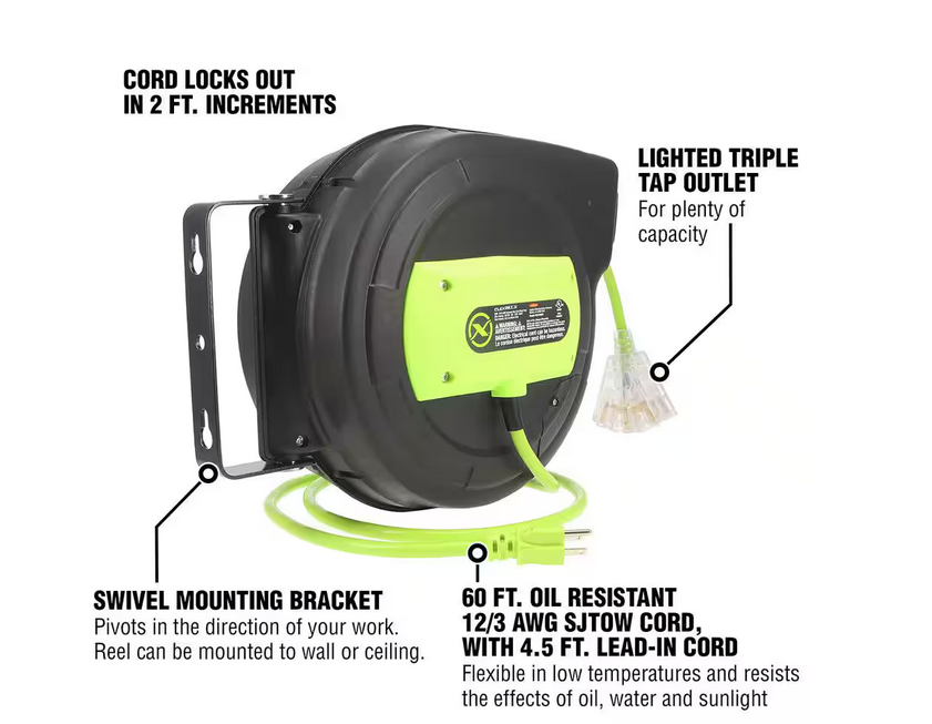 Retractable Extension Cord Reel, 12/3 AWG SJTOW Cord with Grounded Triple Tap Outlet - 91006728527