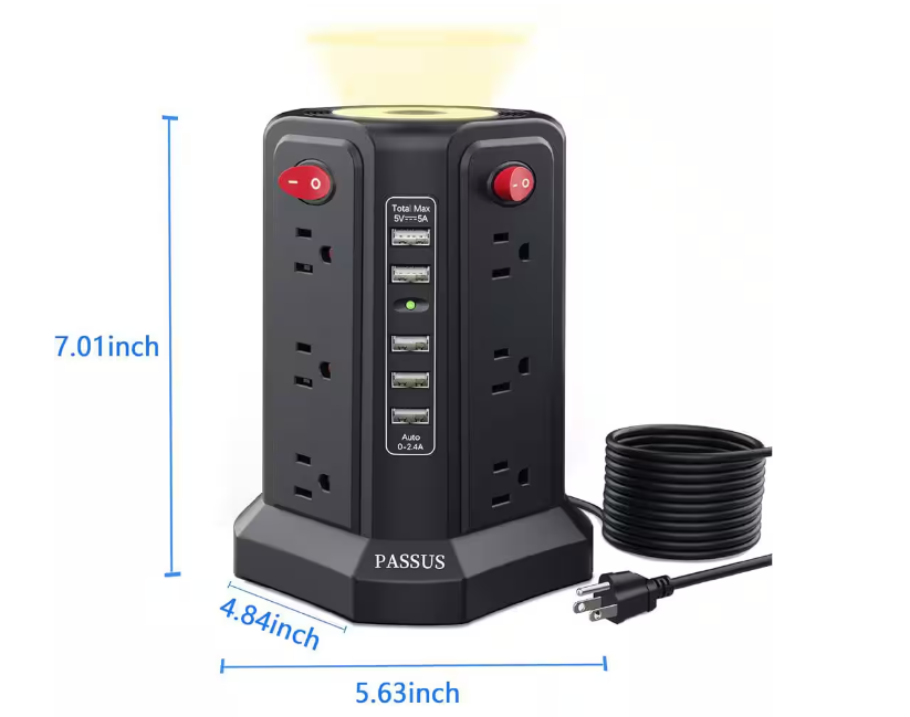 10 ft. 12 AC Outlets with Extension Cord Surge Protector Power Strip Tower with 5 USB Ports and Night Light in Black - 91010529841