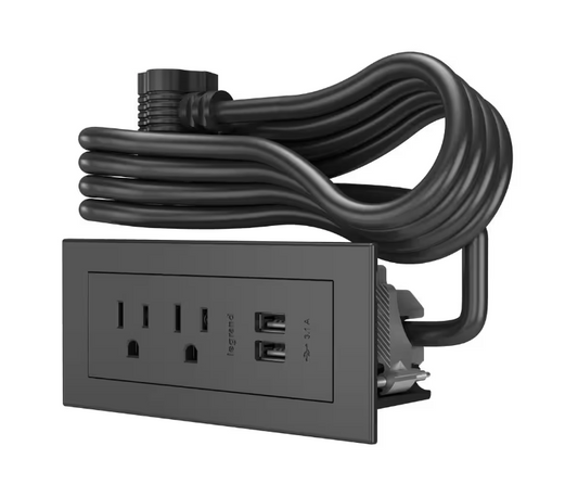 6 ft. Cord 15 Amp 2-Outlet and 2 Type A USB radiant Recessed Furniture Power Strip in Black - 91005774713