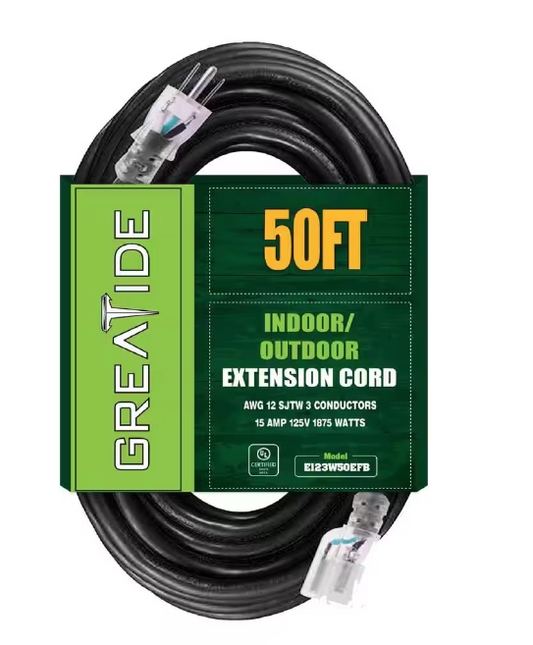 50 ft. 12/3 Heavy Duty Outdoor Extension Cord with 3 Prong Grounded Plug-15 Amps Power Cord Black - 91010997066