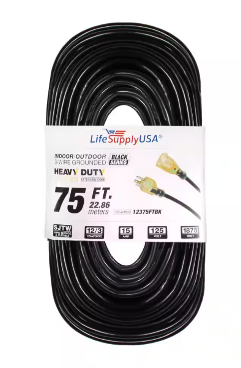 75 ft. 12/3 SJTW 15 Amp 125-Volt 1875-Watt Lighted End Indoor/Outdoor Black Heavy-Duty Extension Cord (5-Pack)