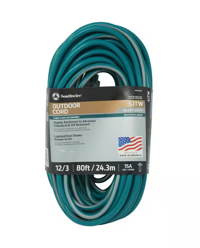 80 ft. 12/3 SJTW Outdoor Heavy-Duty Extension Cord with Power Light Plug, Dark Green/Gray - 91002697075