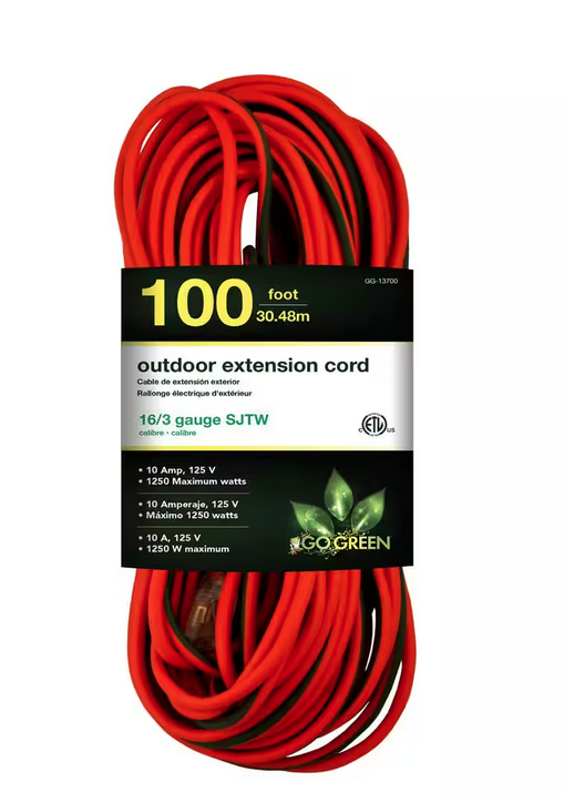 100 ft. 16/3 SJTW Outdoor Extension Cord - Orange with Lighted Green Ends - 91001271066