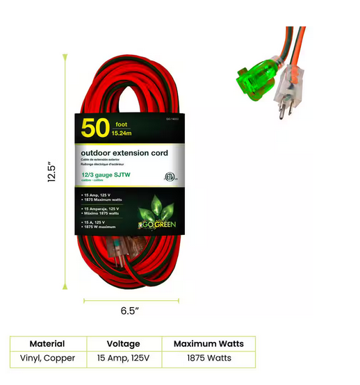 50 ft. 12/3 SJTW Extension Cord - Orange with Lighted Green End - 91001271074