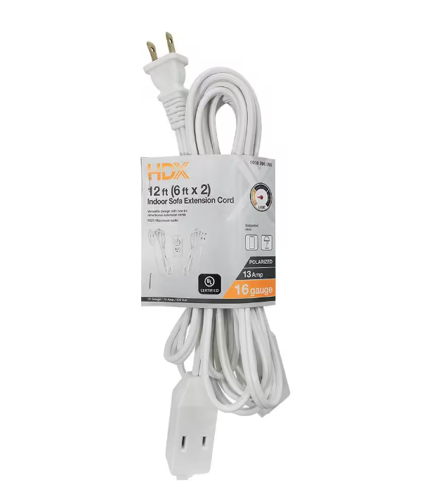 12ft. 16/2 Light Duty Indoor Sofa Cord with Two Ends, White - 91008996090