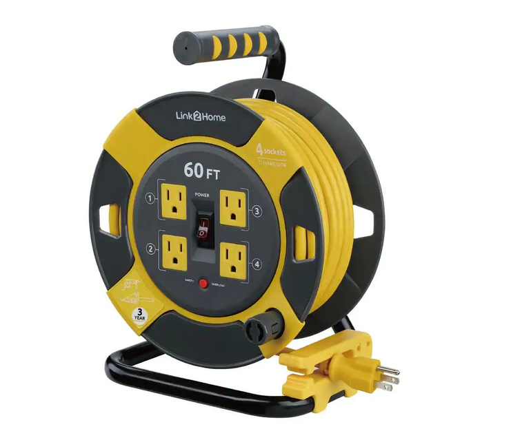 60 ft. 14/3 Extension Cord Storage Reel with 4 Grounded Outlets and Overload Circuit Breaker - 91005666034