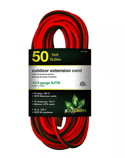 50 ft. 14/3 SJTW Outdoor Extension Cord, Orange with Lighted Green End - 91001271069