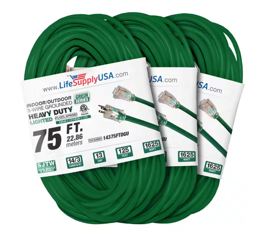 75 ft. 14-Gauge/3-Conductors SJTW 13 Amp Indoor/Outdoor Extension Cord with Lighted End Green (3-Pack) - 91012243730