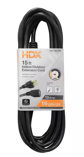 15 ft. 16/3 Light Duty Indoor/Outdoor Extension Cord, Black - 91001363688