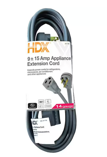 9 ft. 14/3 15 Amp Air Conditioner/Appliance Extension Cord, Grey - 9277738