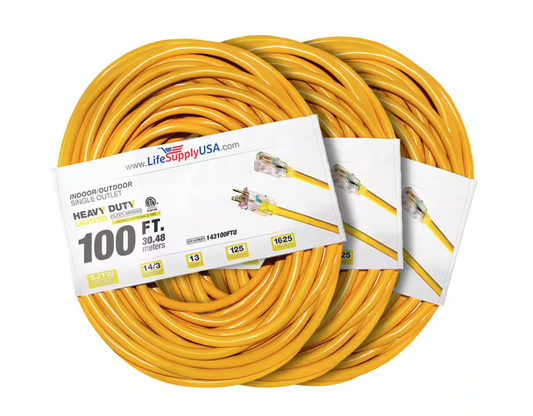 100 ft. 14-Gauge/3-Conductors SJTW 13 Amp Indoor/Outdoor Extension Cord with Lighted End Yellow (3-Pack) - 91012243137