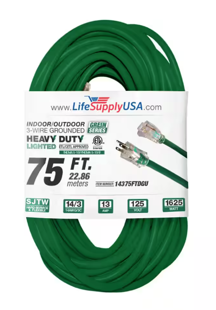 75 ft. 14-Gauge/3 Conductors SJTW 13 Amp Indoor/Outdoor Extension Cord with Lighted End Green (1-Pack) - 91011843071