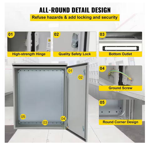 Electrical Enclosure Box 24 x 24 x 8 in. NEMA 4X Junction Box IP65 Carbon Steel Hinged with Rain Hood for Outdoor Indoor - 91009422812