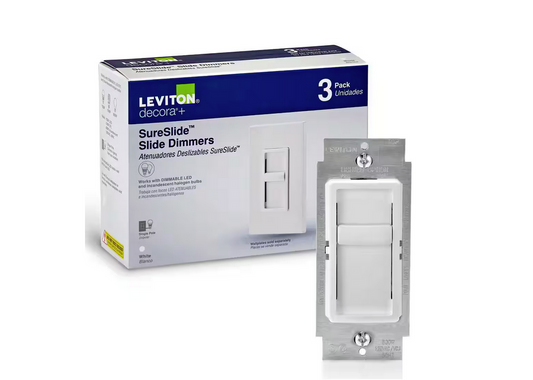 Decora SureSlide Universal 150-Watt LED/CFL Incandescent Slide-to-Off Dimmer, White (3-Pack) - 91002374970