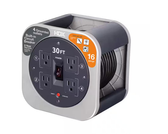 30 ft. 16/3 Extension Cord Reel with 4 Grounded Outlets and Surge Protector in Gray - 91009545028