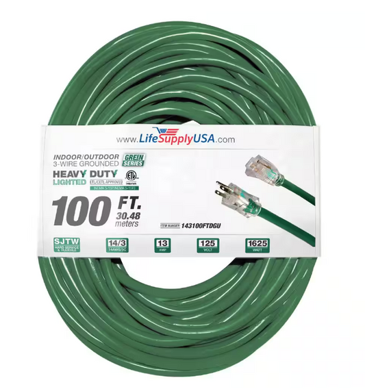 100 ft. 14-Gauge/3 Conductors SJTW 13 Amp Indoor/Outdoor Extension Cord with Lighted End Green (1-Pack) - 91011843060