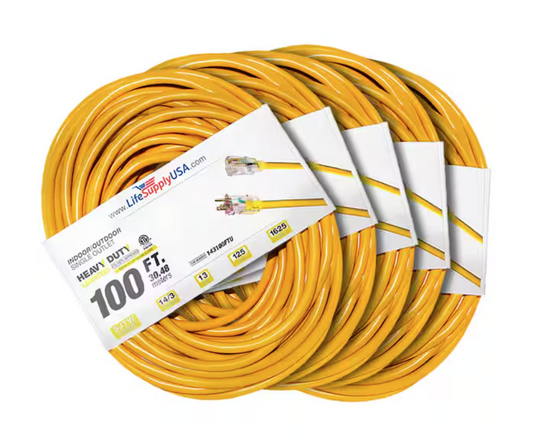 100 ft. 14-Gauge/3-Conductors SJTW 13 Amp Indoor/Outdoor Extension Cord with Lighted End Yellow (5-Pack) - 91012243735