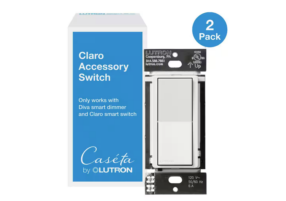 Claro Smart Accessory Switch, only for use with Diva Smart Dimmer/Claro Smart Switch, White (DVRF-AS-WH-2) (2-Pack)