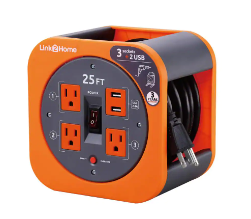 25 ft. 16/3 Extension Cord Storage Reel with 3 Grounded Outlets 2 USB 3.4 Amp and Overload Reset Button - 91004662561