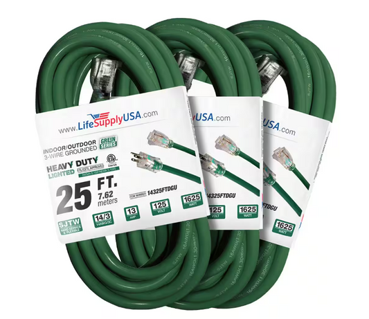 25 ft. 14-Gauge/3-Conductors SJTW 15 Amp Indoor/Outdoor Extension Cord with Lighted End Green (3-Pack) - 91012243728